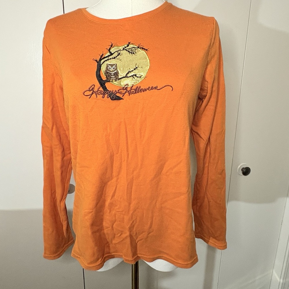 Women's M Orange Happy Halloween Owl Tree Moon Long Sleeve T-Shirt Embroidered
